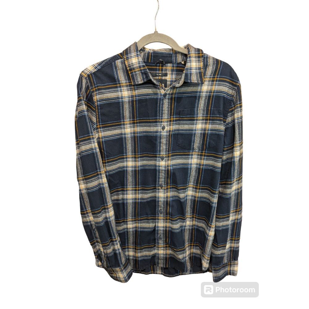 Prana Flanel Blue Plaid LONG SLEEVE SHIRT SMALL SLIM Organic Cotton Blend